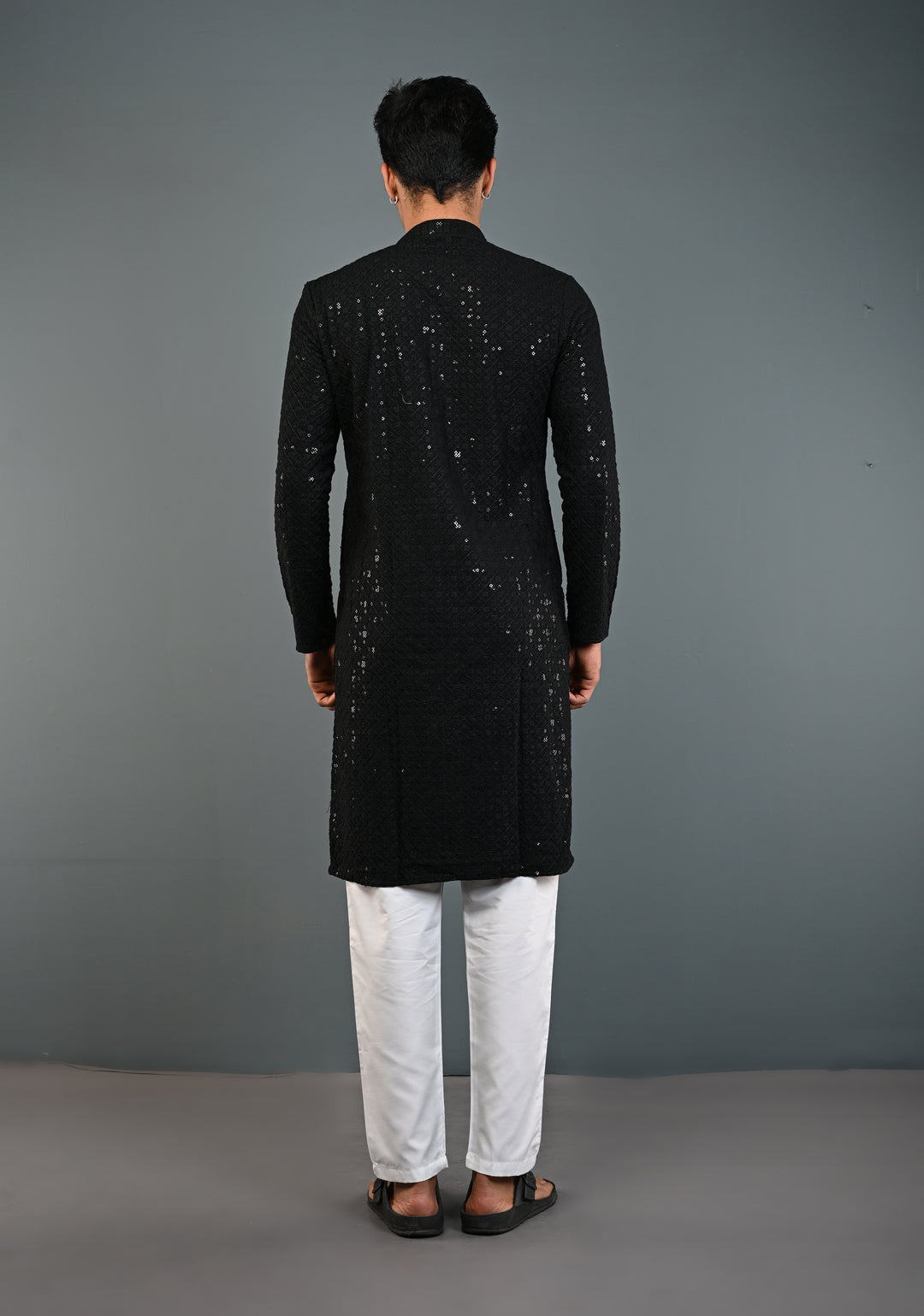 Black Chikankari Kurta with Sequins and Pajama Set for Men | Made to Order