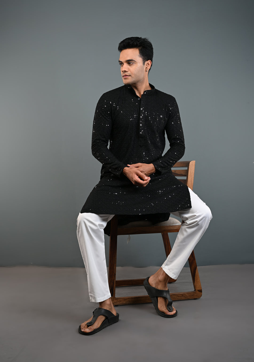 Black Chikankari Kurta with Sequins and Pajama Set for Men | Made to Order