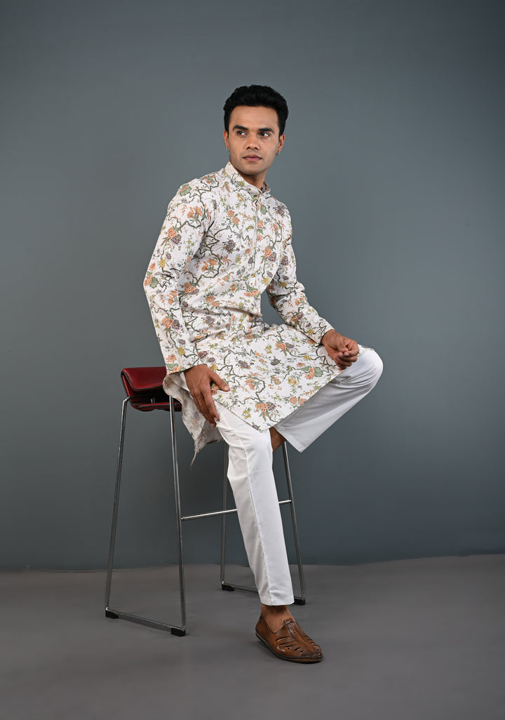 Off white Floral Digital Print Kurta with Pajama Set for Men | Made to Order