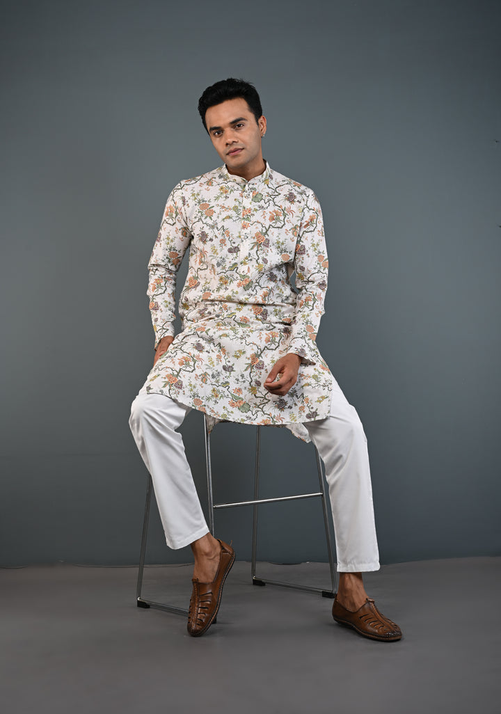 Off white Floral Digital Print Kurta with Pajama Set for Men | Made to Order