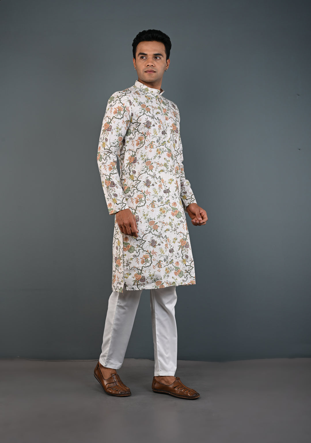 Off white Floral Digital Print Kurta with Pajama Set for Men | Made to Order