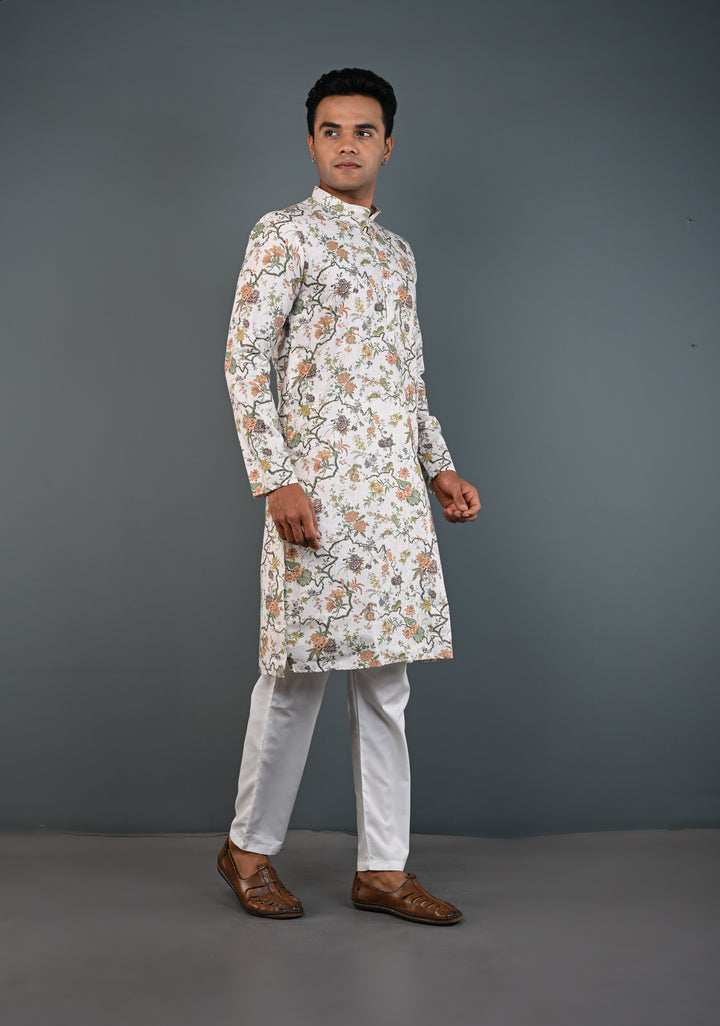 Off white Floral Digital Print Kurta with Pajama Set for Men | Made to Order