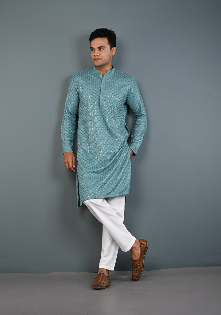 Dusty Teal Chikankari Kurta with Sequins and Pajama Set for Men | Made to Order