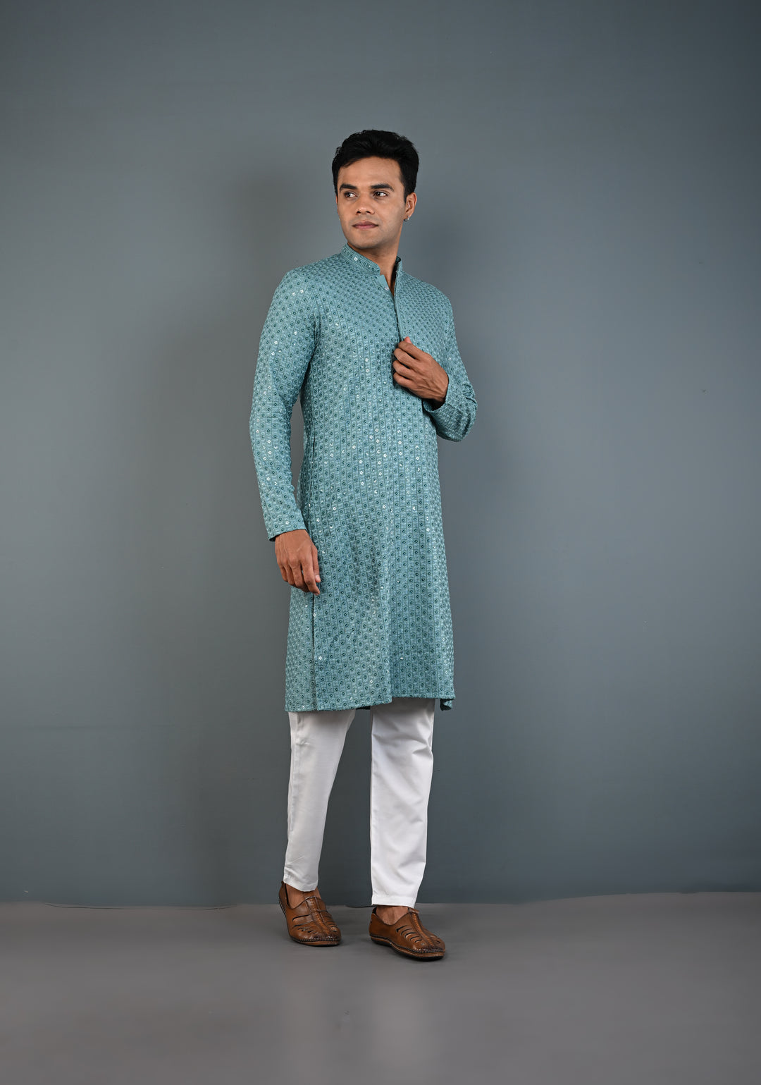 Dusty Teal Chikankari Kurta with Sequins and Pajama Set for Men | Made to Order
