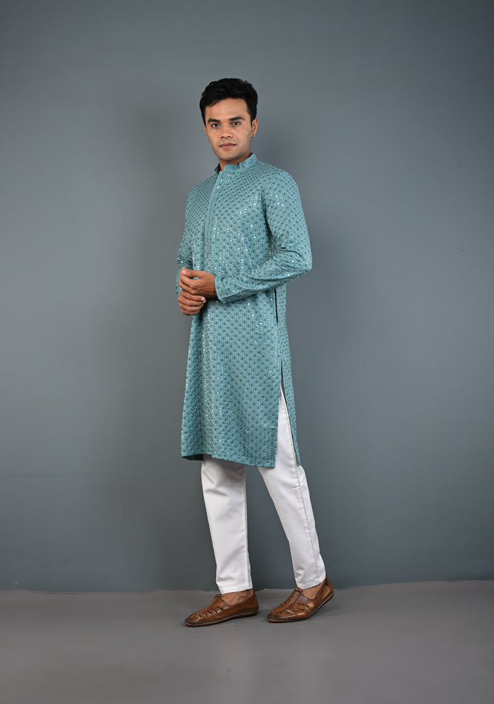 Dusty Teal Chikankari Kurta with Sequins and Pajama Set for Men | Made to Order