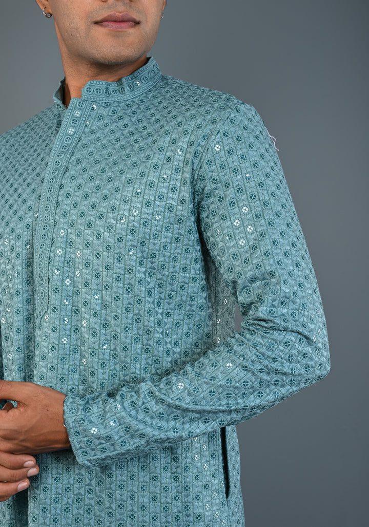 Dusty Teal Chikankari Kurta with Sequins and Pajama Set for Men | Made to Order