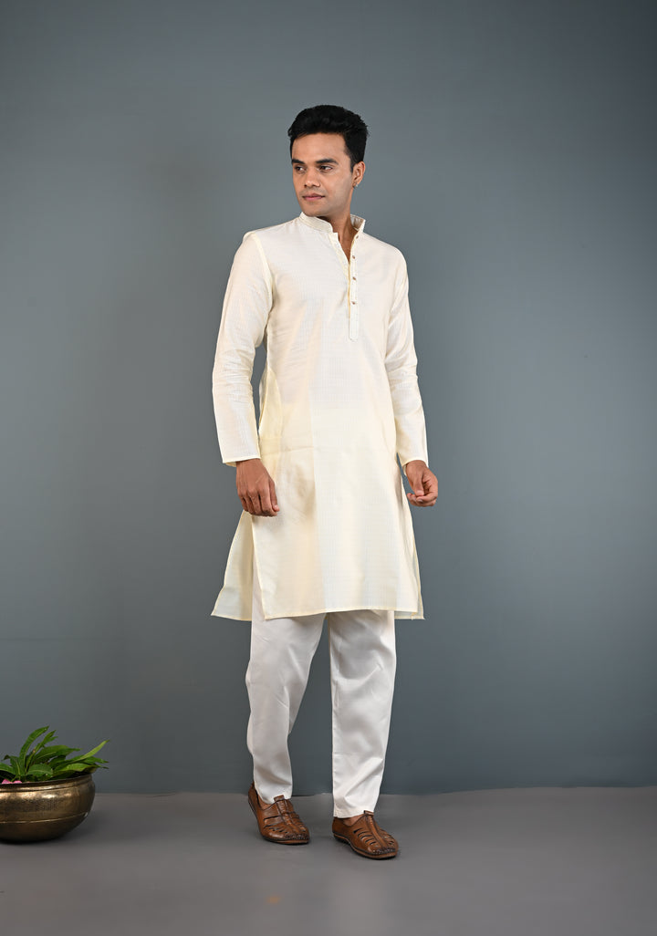 Off White Kurta with Brocade and Pajama Set for Men | Made to Order