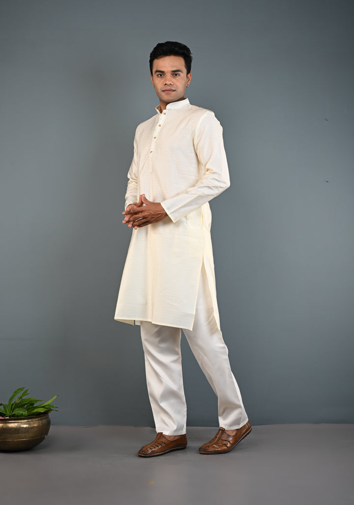 Off White Kurta with Brocade and Pajama Set for Men | Made to Order