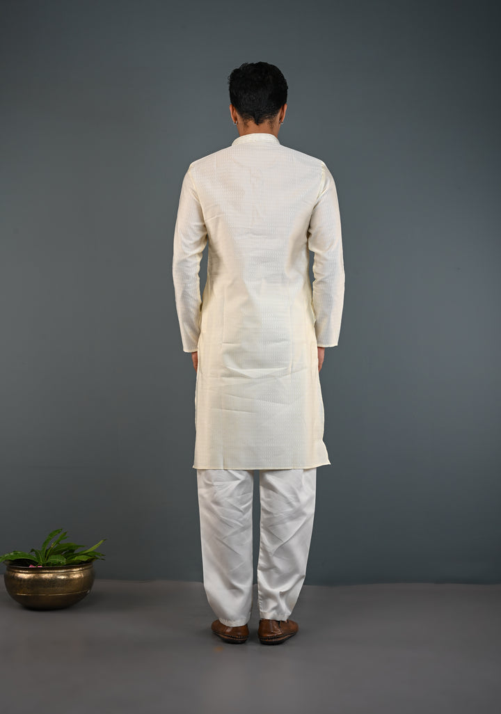 Off White Kurta with Brocade and Pajama Set for Men | Made to Order
