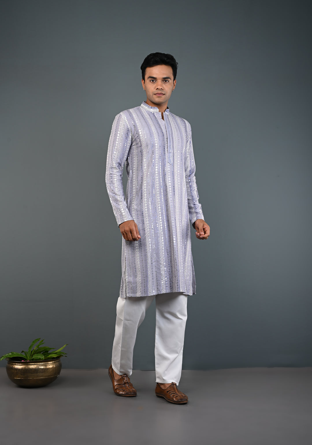 Dusty Lilac Kurta with Brocade and Sequins Pajama Set for Men | Made to Order
