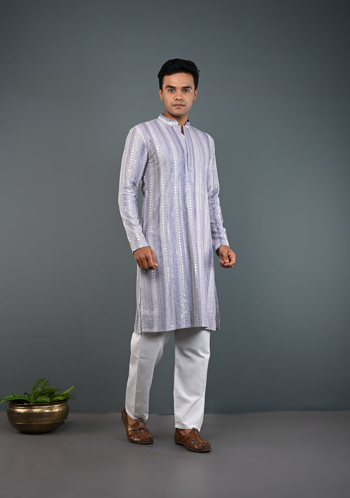 Dusty Lilac Kurta with Brocade and Sequins Pajama Set for Men | Made to Order