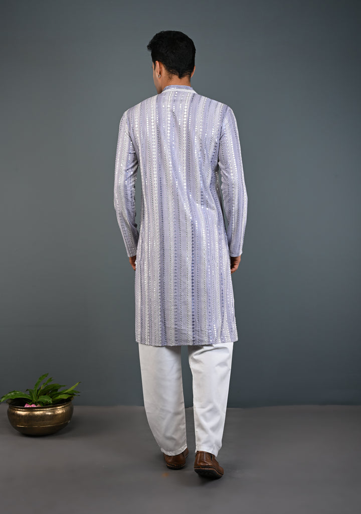 Dusty Lilac Kurta with Brocade and Sequins Pajama Set for Men | Made to Order