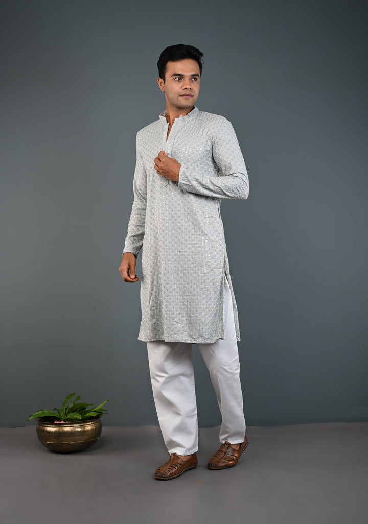 Men's Chikankari Embroidered Grey Kurta and Pajama Set  | Made to Order