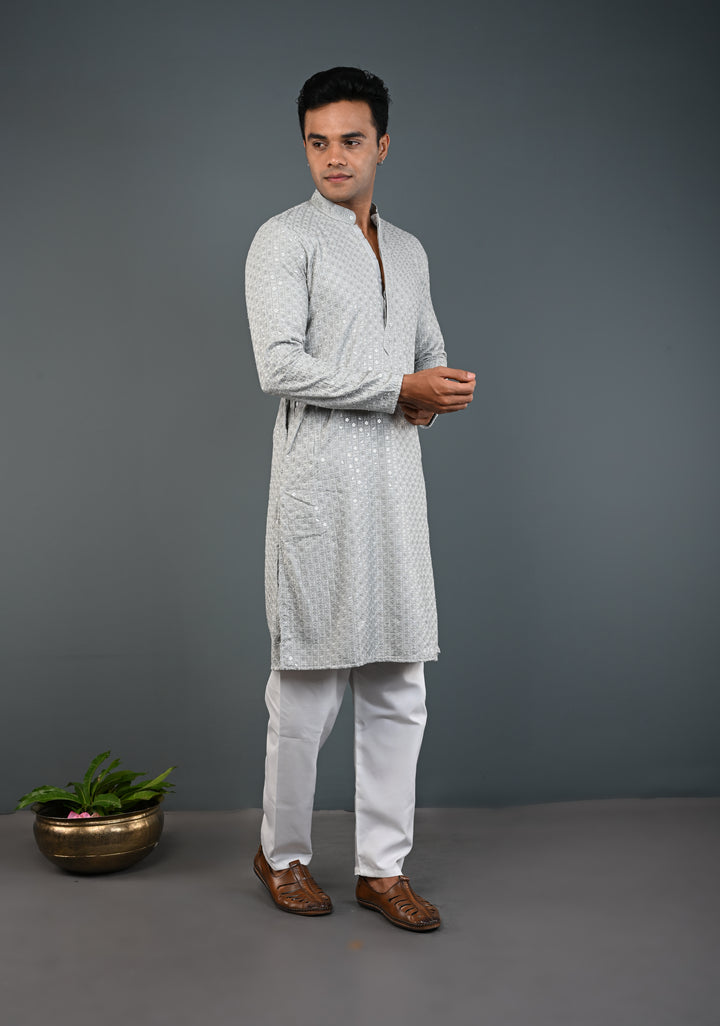 Men's Chikankari Embroidered Grey Kurta and Pajama Set  | Made to Order