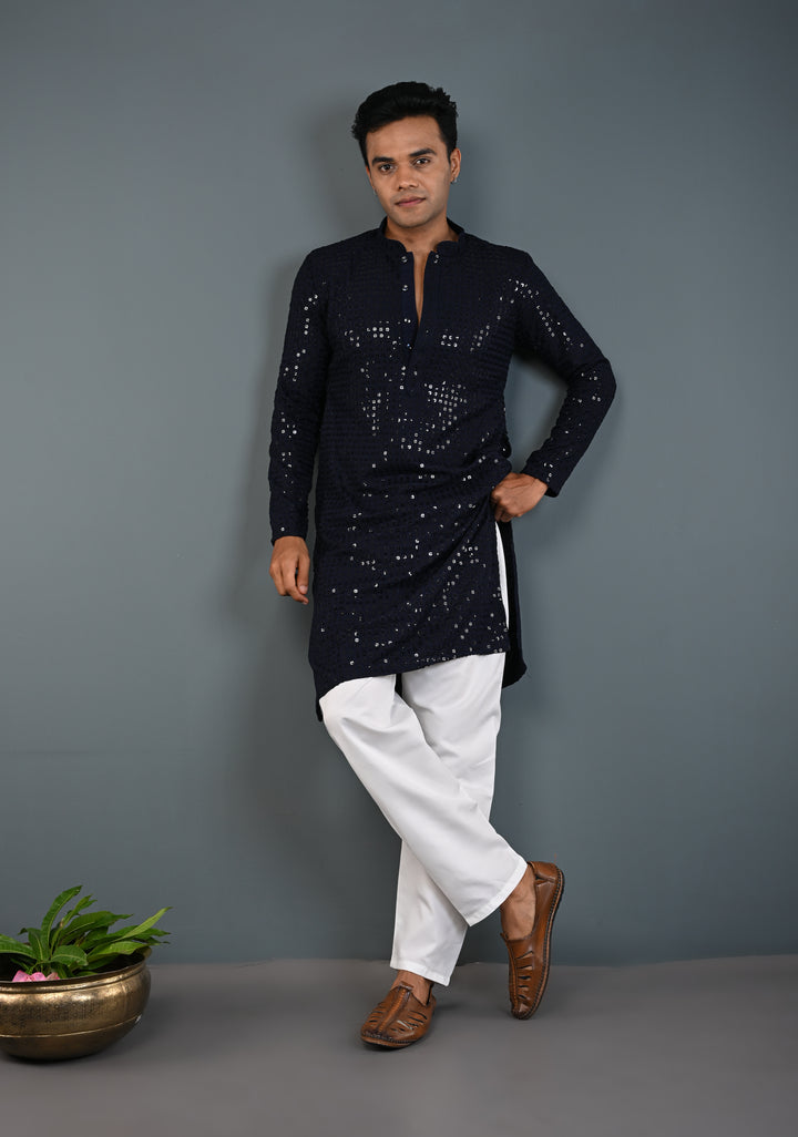 Midnight Blue Kurta with Self Weave Brocade and Sequins Pajama Set for Men | Made to Order