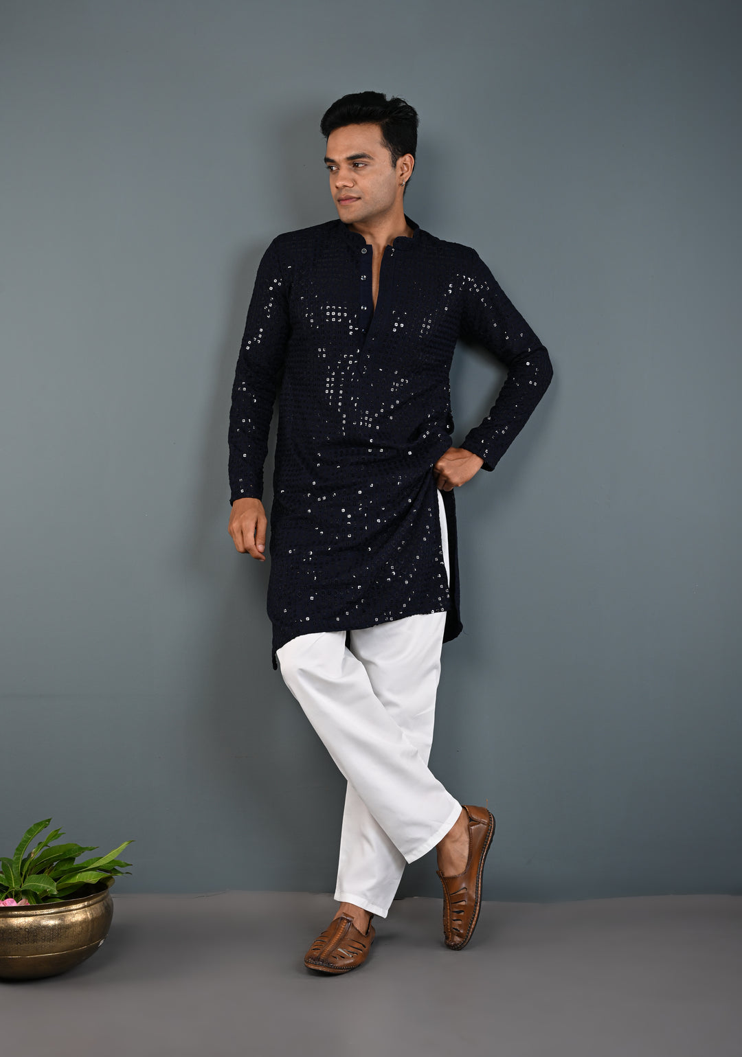 Midnight Blue Kurta with Self Weave Brocade and Sequins Pajama Set for Men | Made to Order