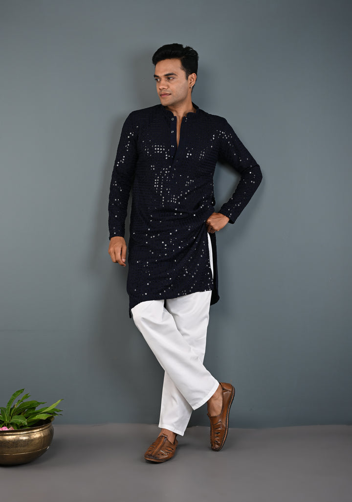 Midnight Blue Kurta with Self Weave Brocade and Sequins Pajama Set for Men | Made to Order