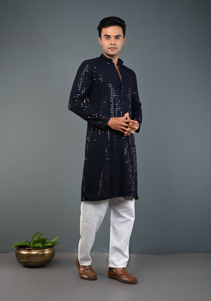 Midnight Blue Kurta with Self Weave Brocade and Sequins Pajama Set for Men | Made to Order