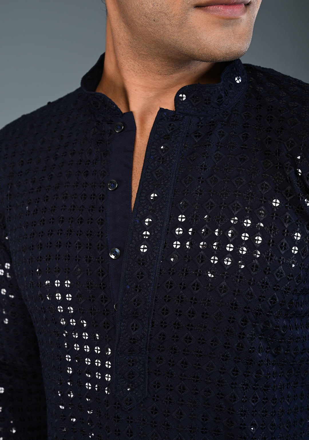 Midnight Blue Kurta with Self Weave Brocade and Sequins Pajama Set for Men | Made to Order