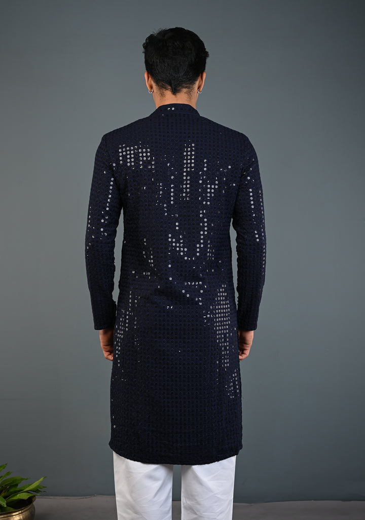 Midnight Blue Kurta with Self Weave Brocade and Sequins Pajama Set for Men | Made to Order
