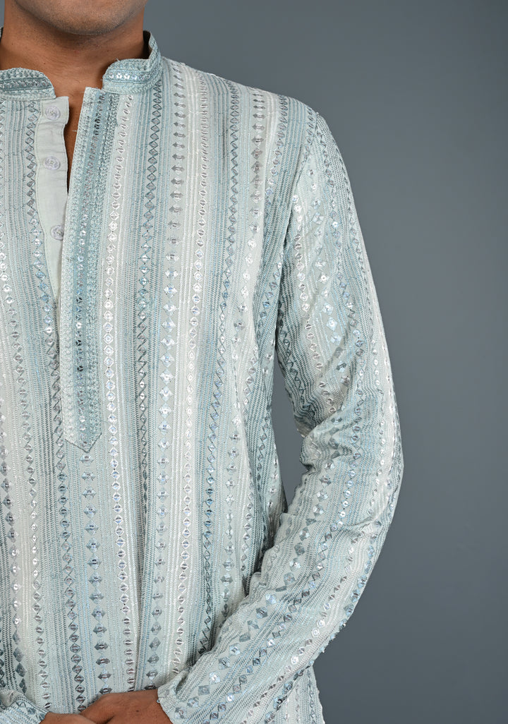 Sage Green Kurta with  Brocade and Sequins Pajama Set for Men | Made to Order