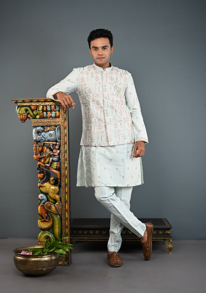 Men's Mint Green Kurta with Embroidered Nehru Jacket and Pajama Set  | Made to Order