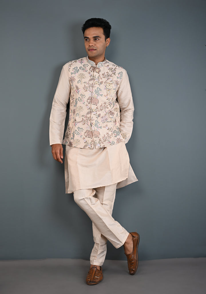 Beige Kurta with Floral and Elephant Embroidery Pajama Set for Men | Made to Order