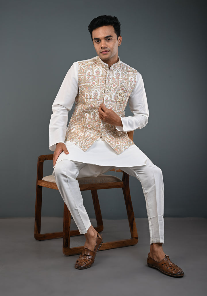 Men's White Kurta with Embroidered Nehru Jacket Kurta with Pajama Set  | Made to Order