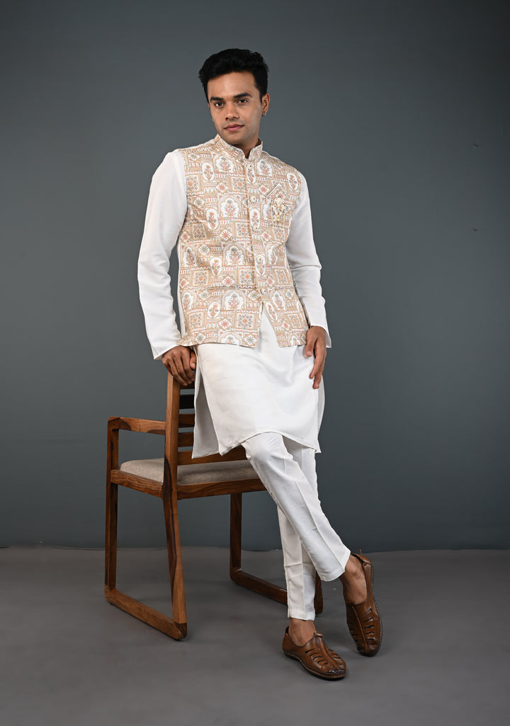 Men's White Kurta with Embroidered Nehru Jacket Kurta with Pajama Set  | Made to Order