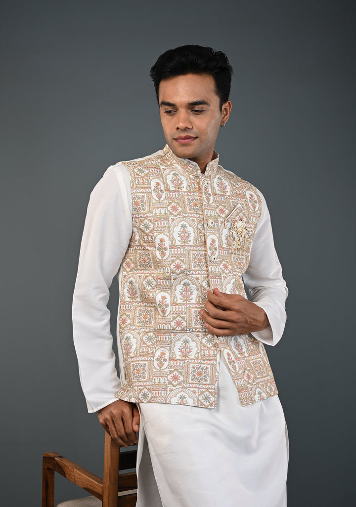 Men's White Kurta with Embroidered Nehru Jacket Kurta with Pajama Set  | Made to Order