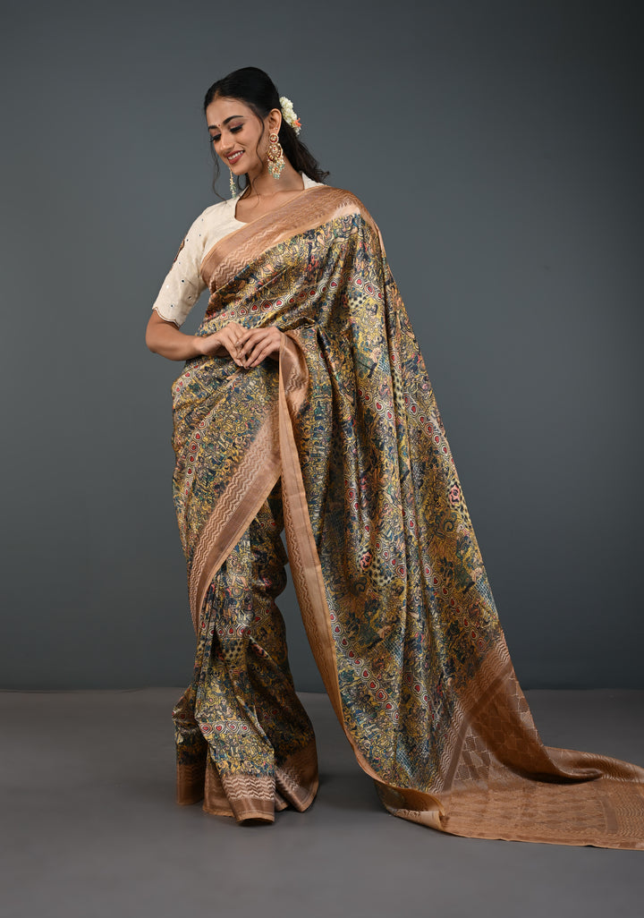 Semi Tussar Silk Saree with Kalamkari Digital Print in Beige