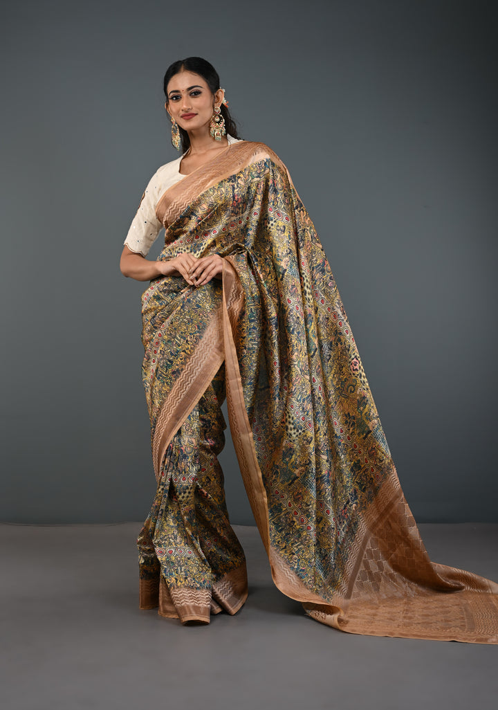 Semi Tussar Silk Saree with Kalamkari Digital Print in Beige
