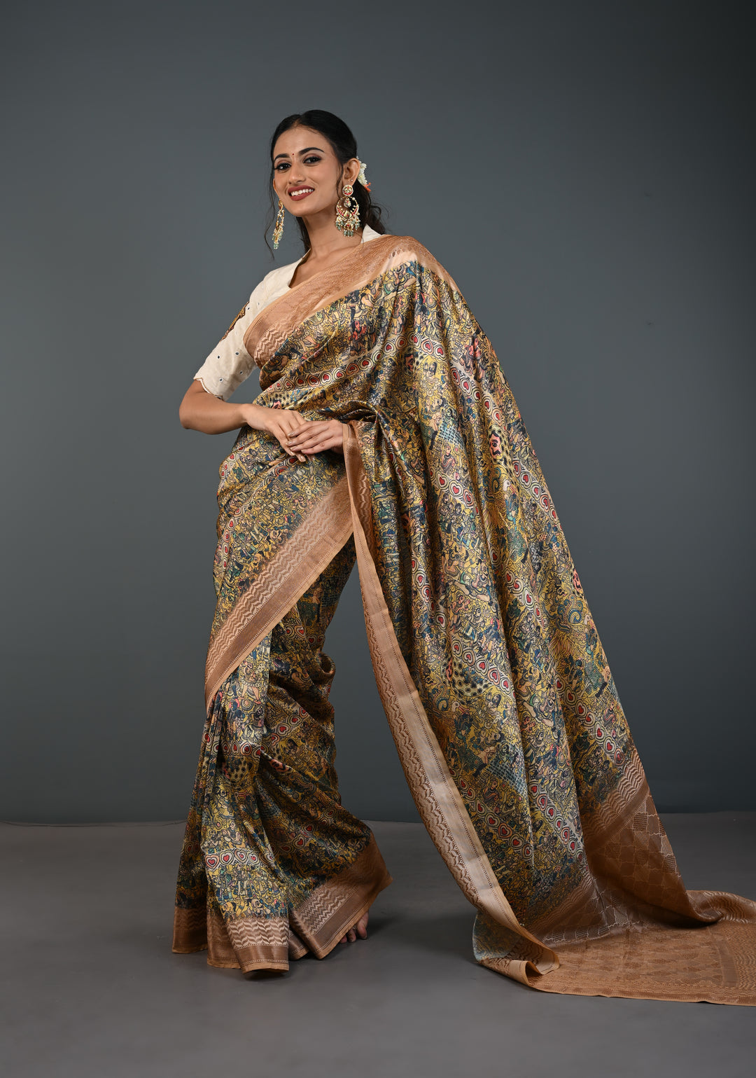 Semi Tussar Silk Saree with Kalamkari Digital Print in Beige