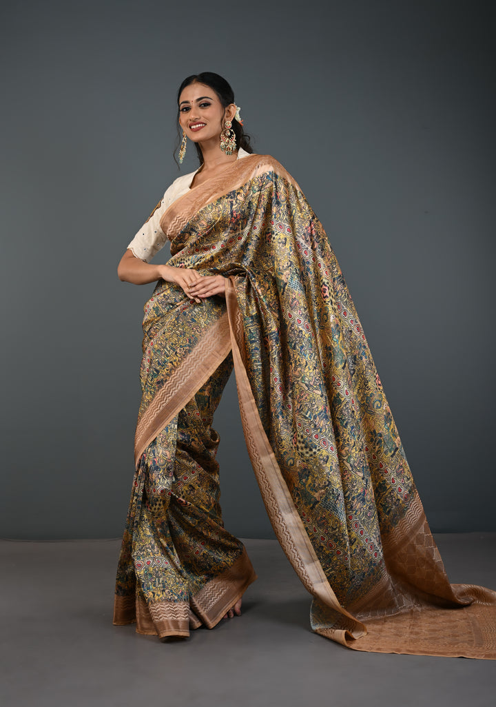 Semi Tussar Silk Saree with Kalamkari Digital Print in Beige