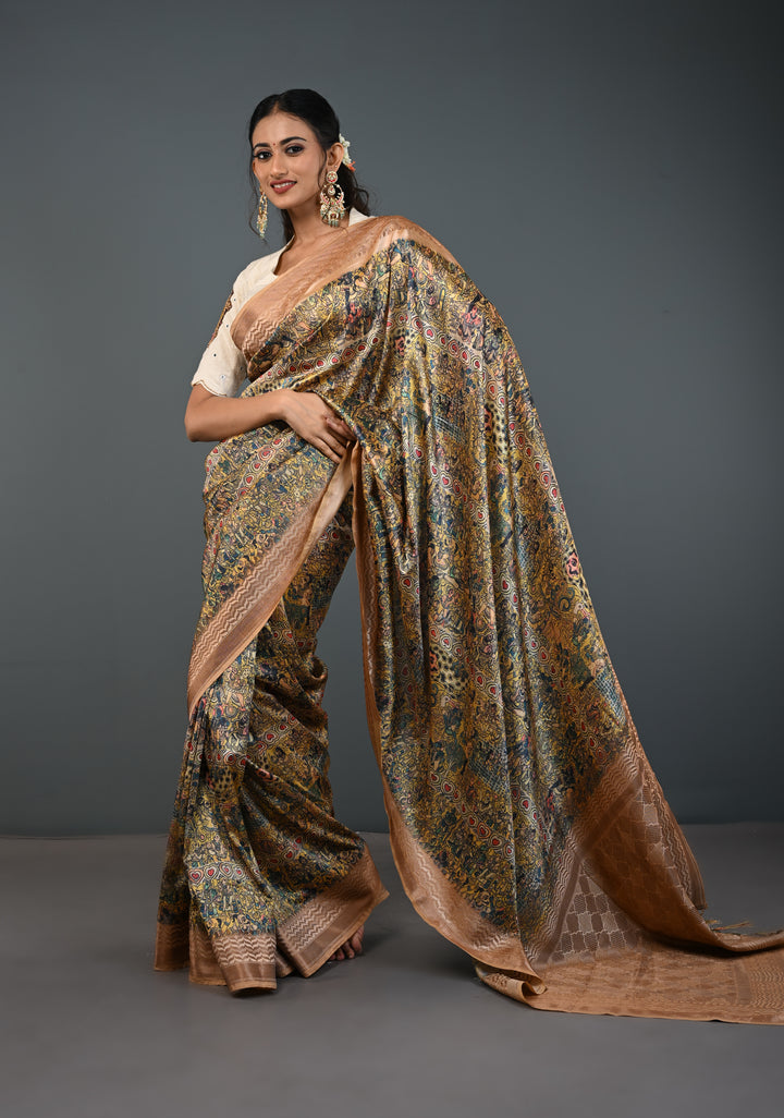 Semi Tussar Silk Saree with Kalamkari Digital Print in Beige