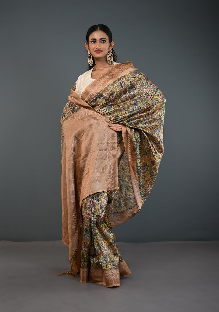 Semi Tussar Silk Saree with Kalamkari Digital Print in Beige
