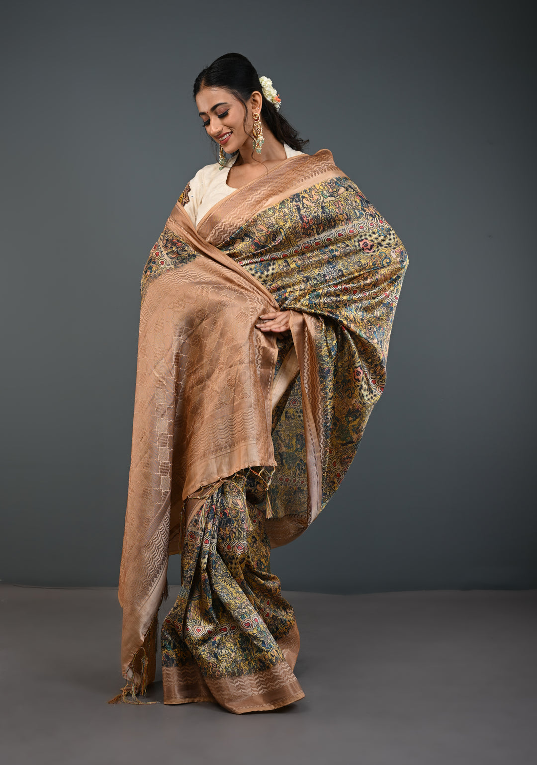 Semi Tussar Silk Saree with Kalamkari Digital Print in Beige