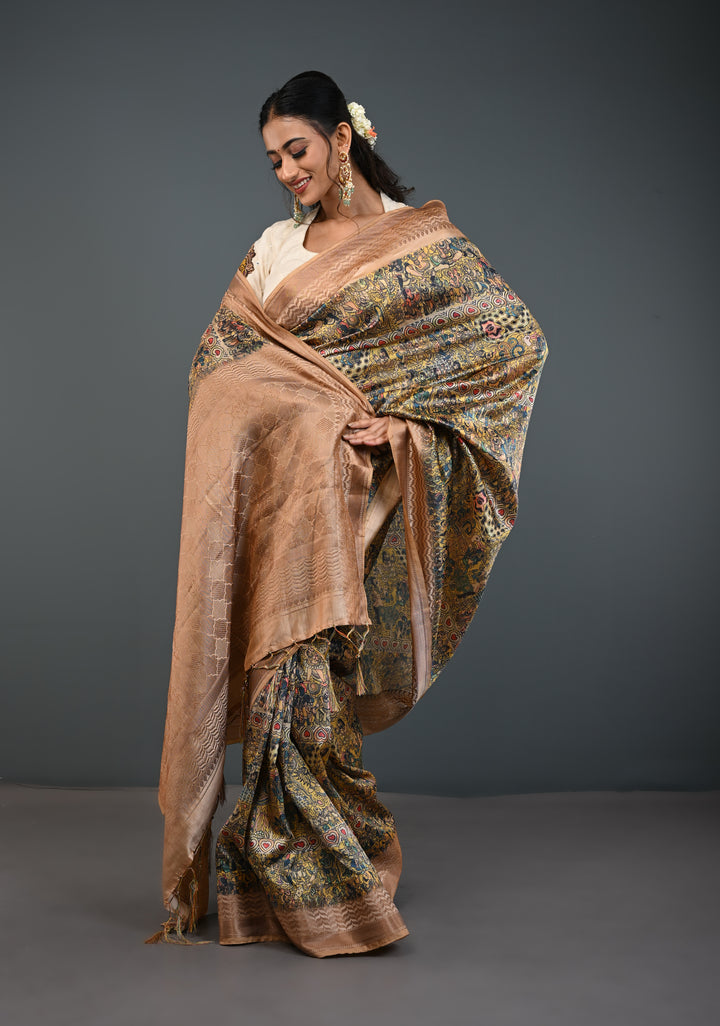 Semi Tussar Silk Saree with Kalamkari Digital Print in Beige