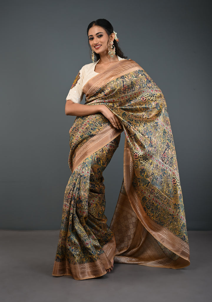Semi Tussar Silk Saree with Kalamkari Digital Print in Beige
