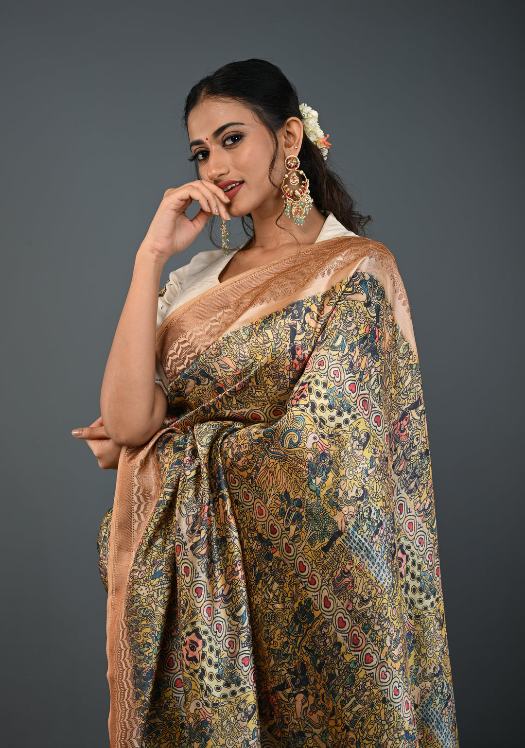 Semi Tussar Silk Saree with Kalamkari Digital Print in Beige
