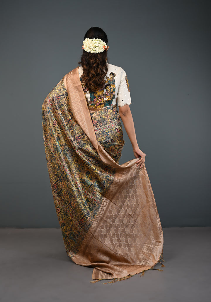 Semi Tussar Silk Saree with Kalamkari Digital Print in Beige