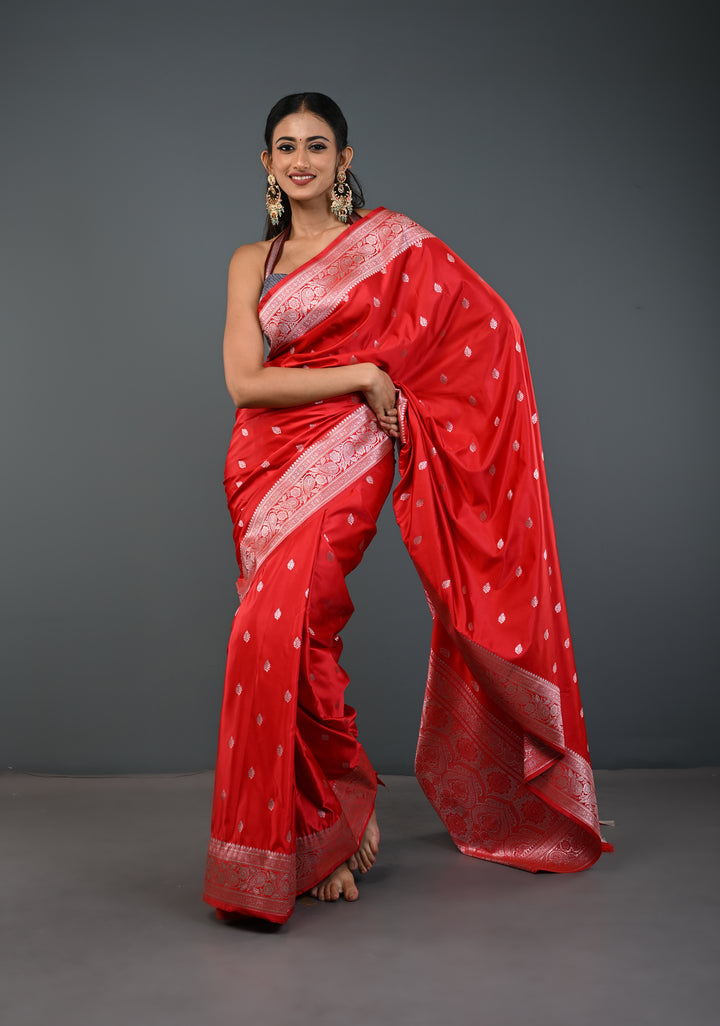 Red Banarasi Semi Mashru Silk Saree with Zari Butta and Floral Zari Border