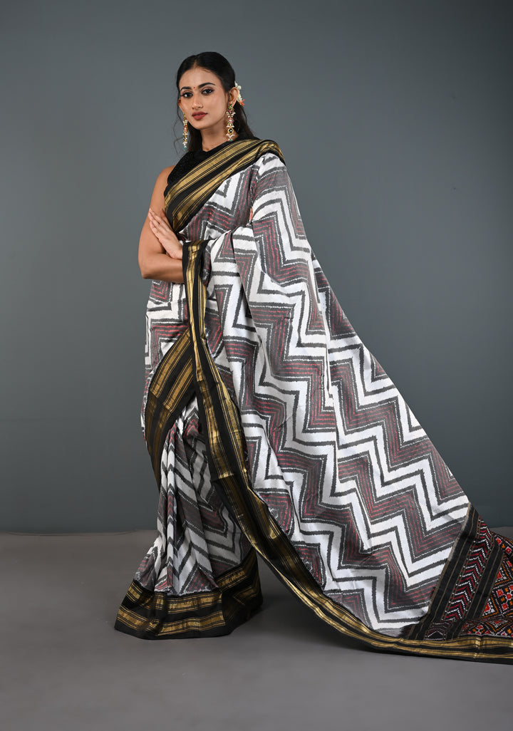 White-Gray Pochampally Ikkat Pure Silk Saree with Chevron Pattern and Rettaipet Border  | SILK MARK CERTIFIED