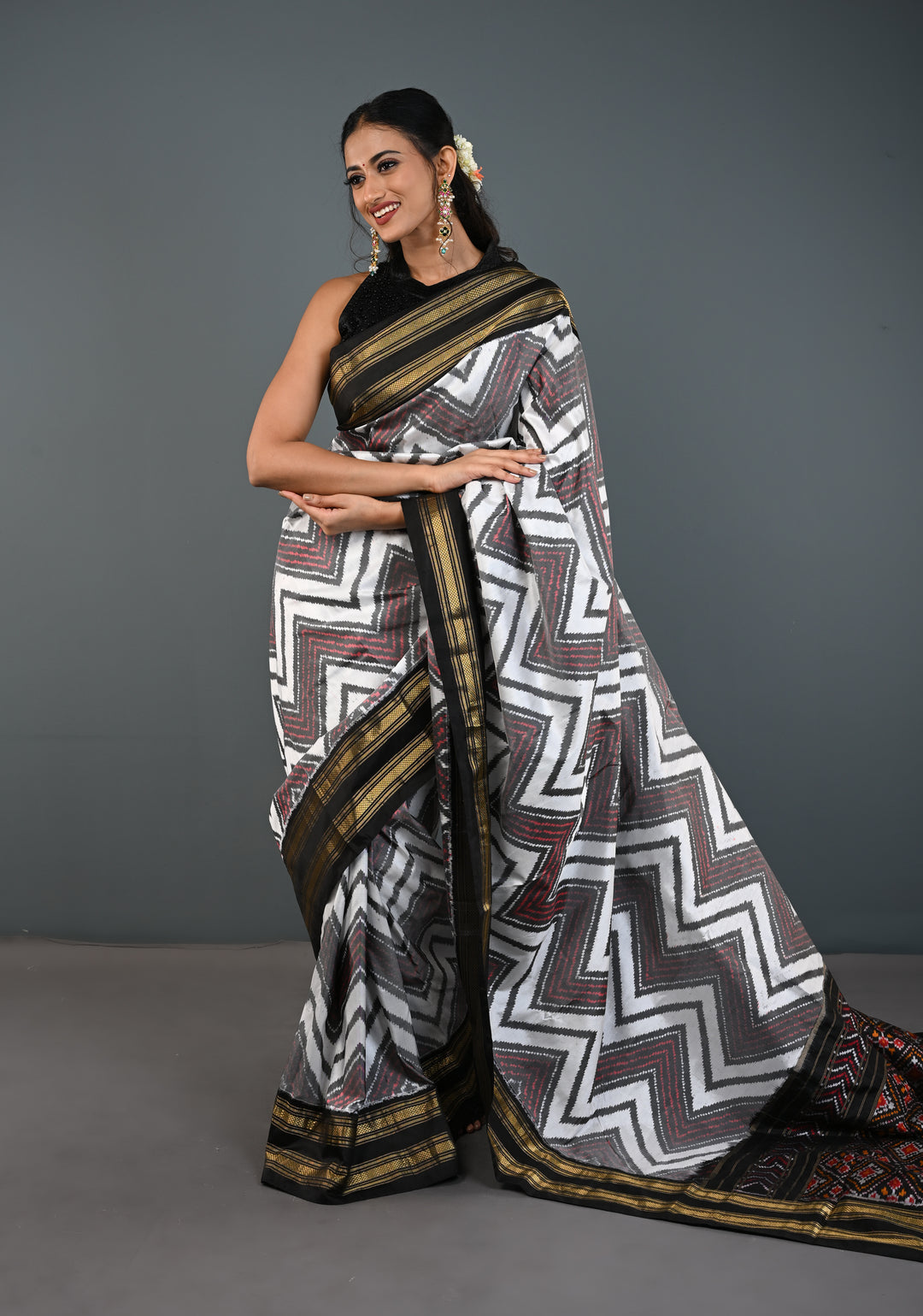 White-Gray Pochampally Ikkat Pure Silk Saree with Chevron Pattern and Rettaipet Border  | SILK MARK CERTIFIED
