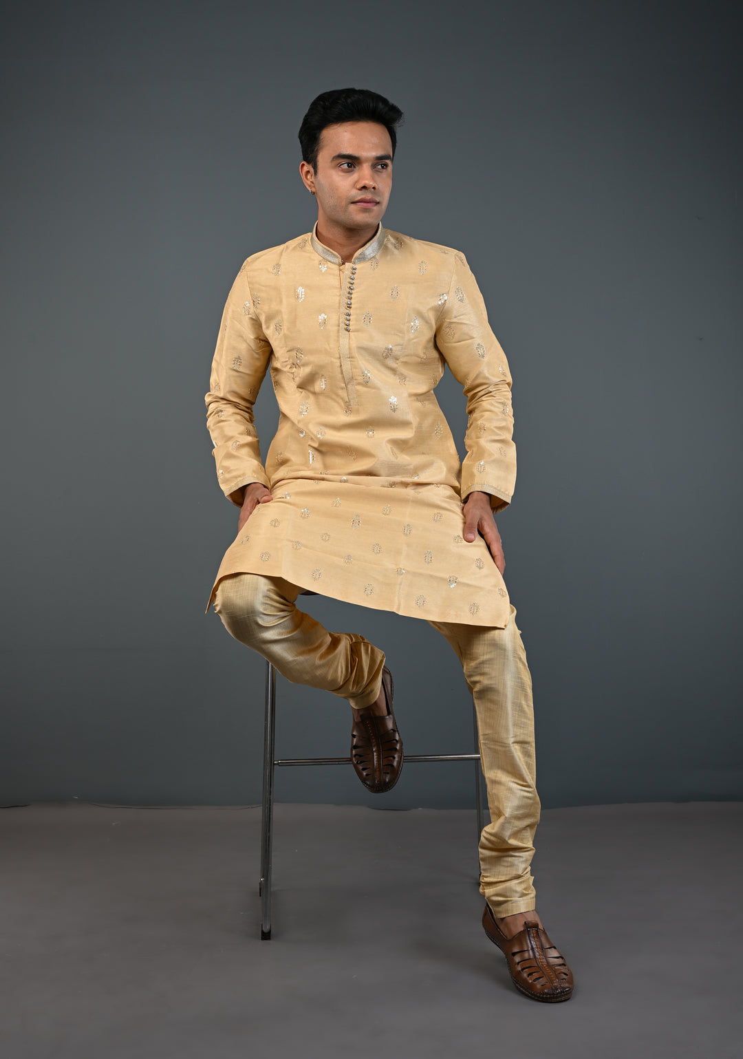 Beige Sequin Embellished Kurta Pajama Set for Men | Ethnic Menswear by Shobitam