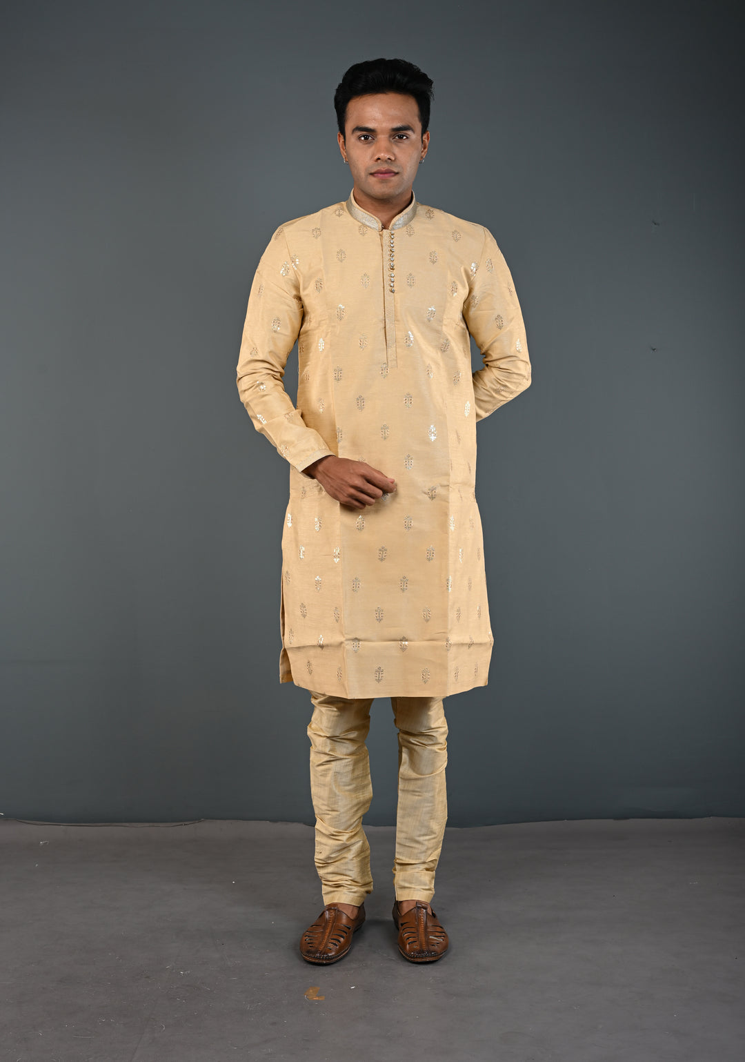 Beige Sequin Embellished Kurta Pajama Set for Men | Ethnic Menswear by Shobitam