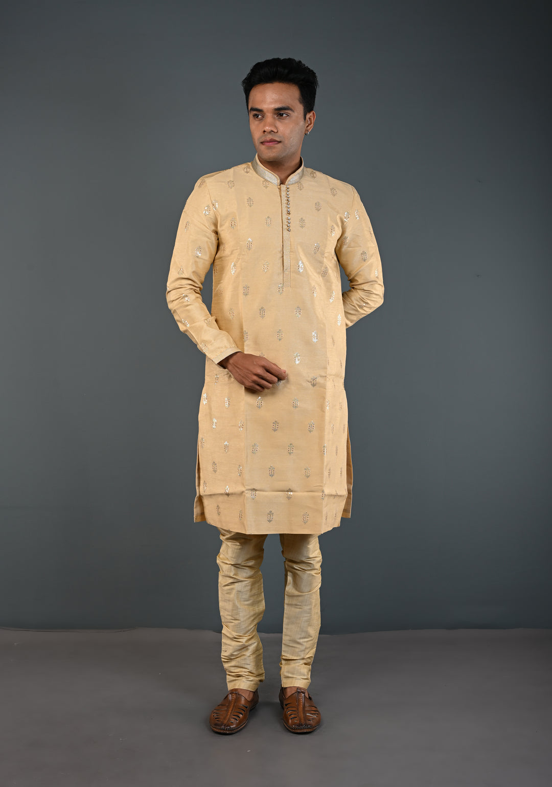 Beige Sequin Embellished Kurta Pajama Set for Men | Ethnic Menswear by Shobitam