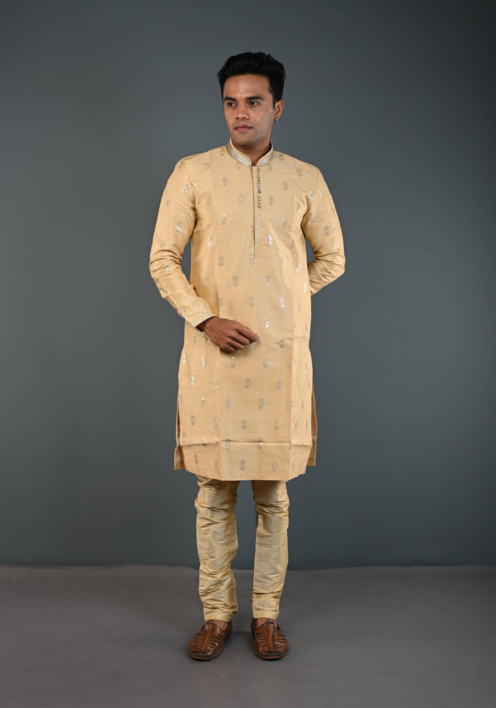 Beige Sequin Embellished Kurta Pajama Set for Men | Ethnic Menswear by Shobitam