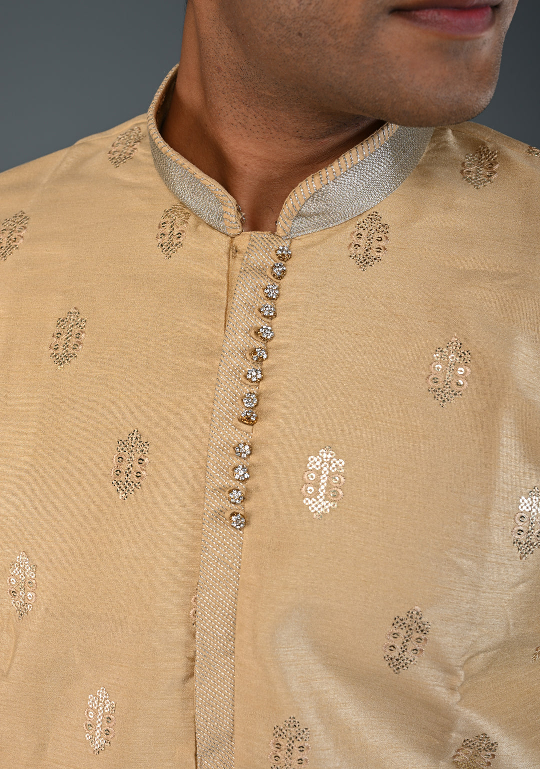 Beige Sequin Embellished Kurta Pajama Set for Men | Ethnic Menswear by Shobitam