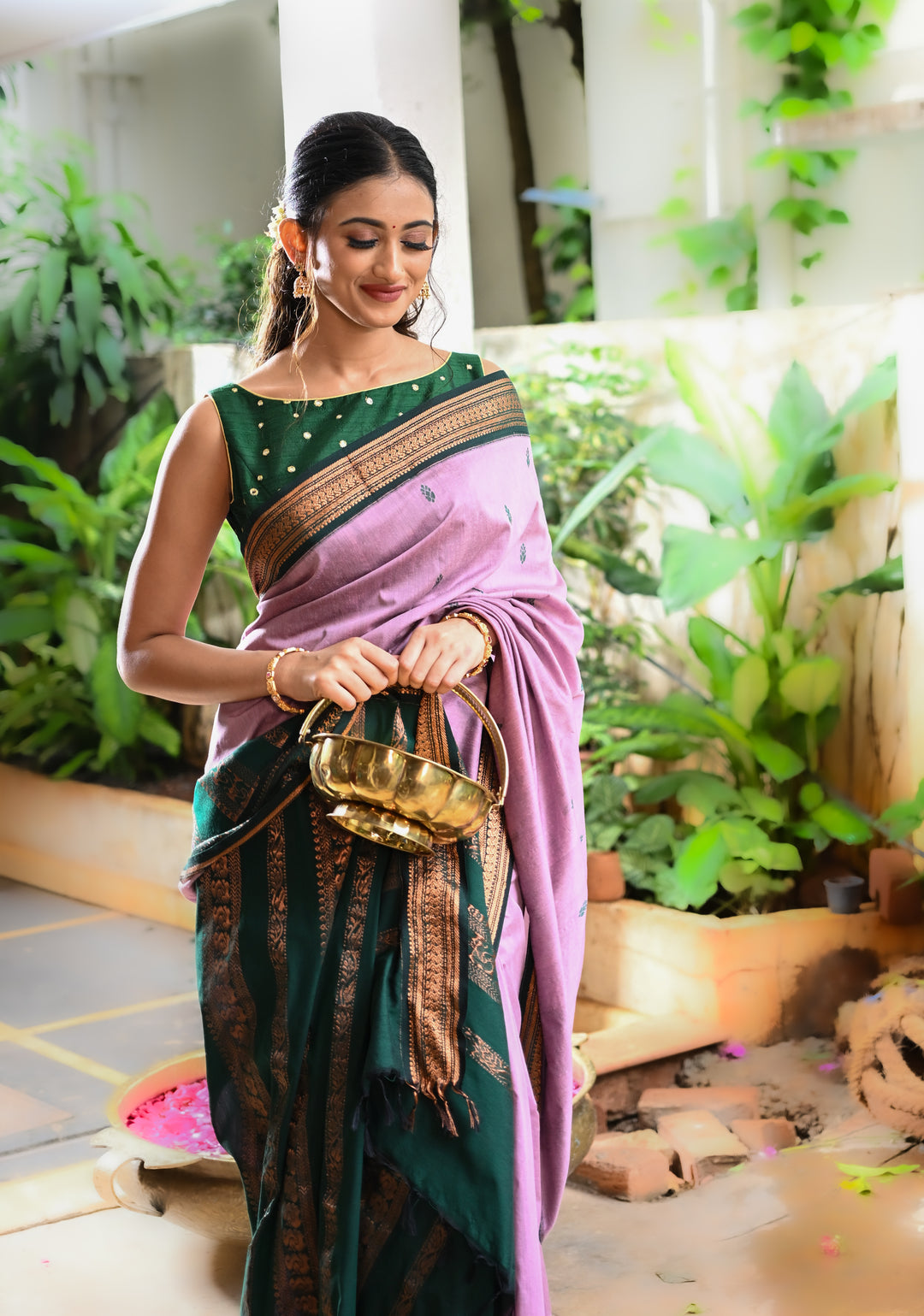 Dusty Rose Cotton Silk Saree with Resham Butta and Green Zari Borders and Pallu